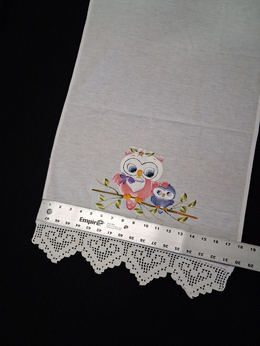 Painted Owl Tea Towel with Crochet Edge - White - Picture 3 of 4